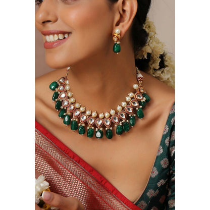 SWABHIMANN Rambia Green Kundan and Pearl Necklace with Earrings Set