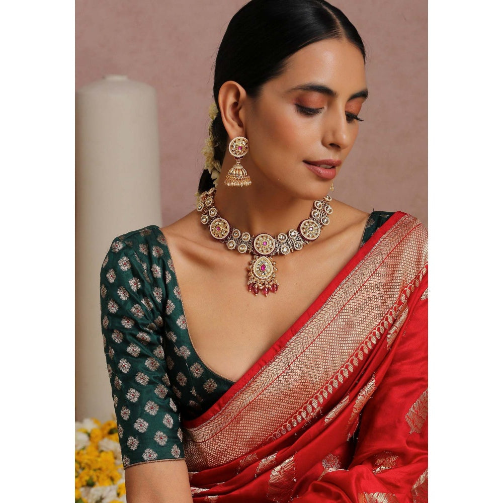 SWABHIMANN Bivashri Red Gold Plated Kundan Necklace Set