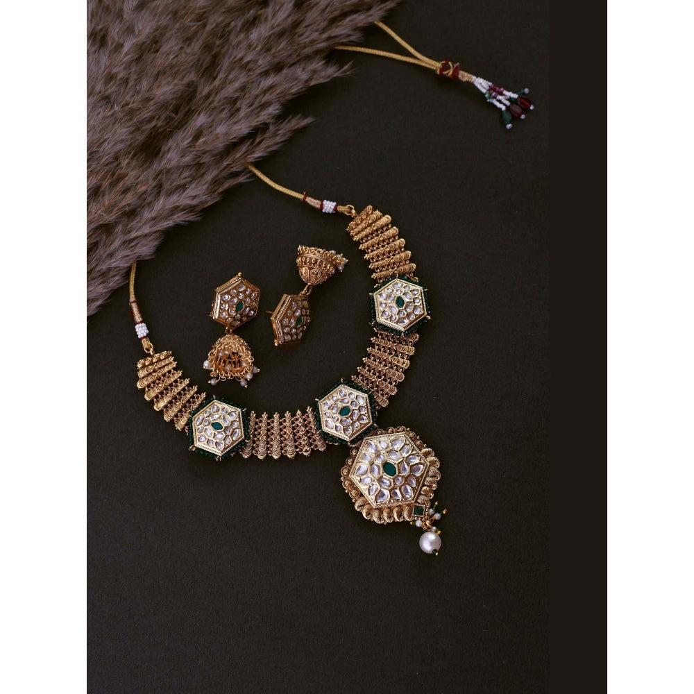 SWABHIMANN Rajshri Green Kundan Temple Necklace with Earrings Set