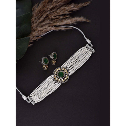 SWABHIMANN Ombre Green Silver Plated Polki Choker Necklace with Earrings Set