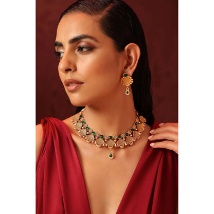 SWABHIMANN Mor Green Temple Necklace Set