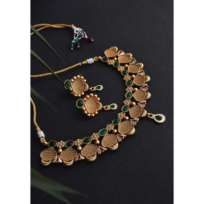 SWABHIMANN Mor Green Temple Necklace Set