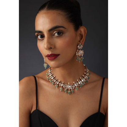 SWABHIMANN Sathya Green Polki Silver Choker Necklace with Earrings Set