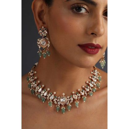 SWABHIMANN Sathya Green Polki Silver Choker Necklace with Earrings Set