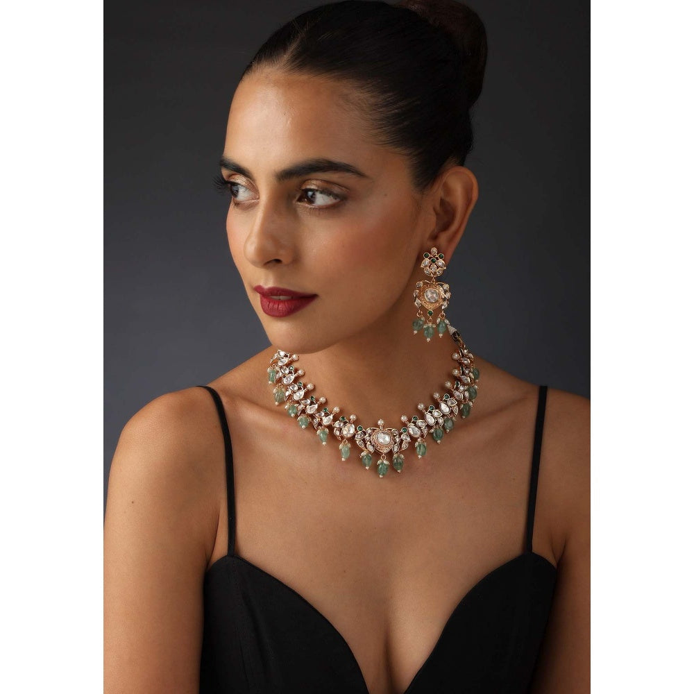 SWABHIMANN Sathya Green Polki Silver Choker Necklace with Earrings Set