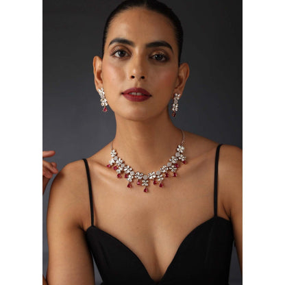 SWABHIMANN Avery Red Polki Silver Necklace with Earrings Set