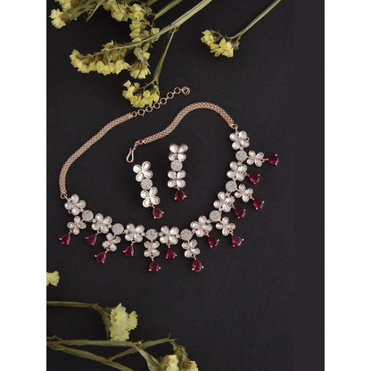 SWABHIMANN Avery Red Polki Silver Necklace with Earrings Set