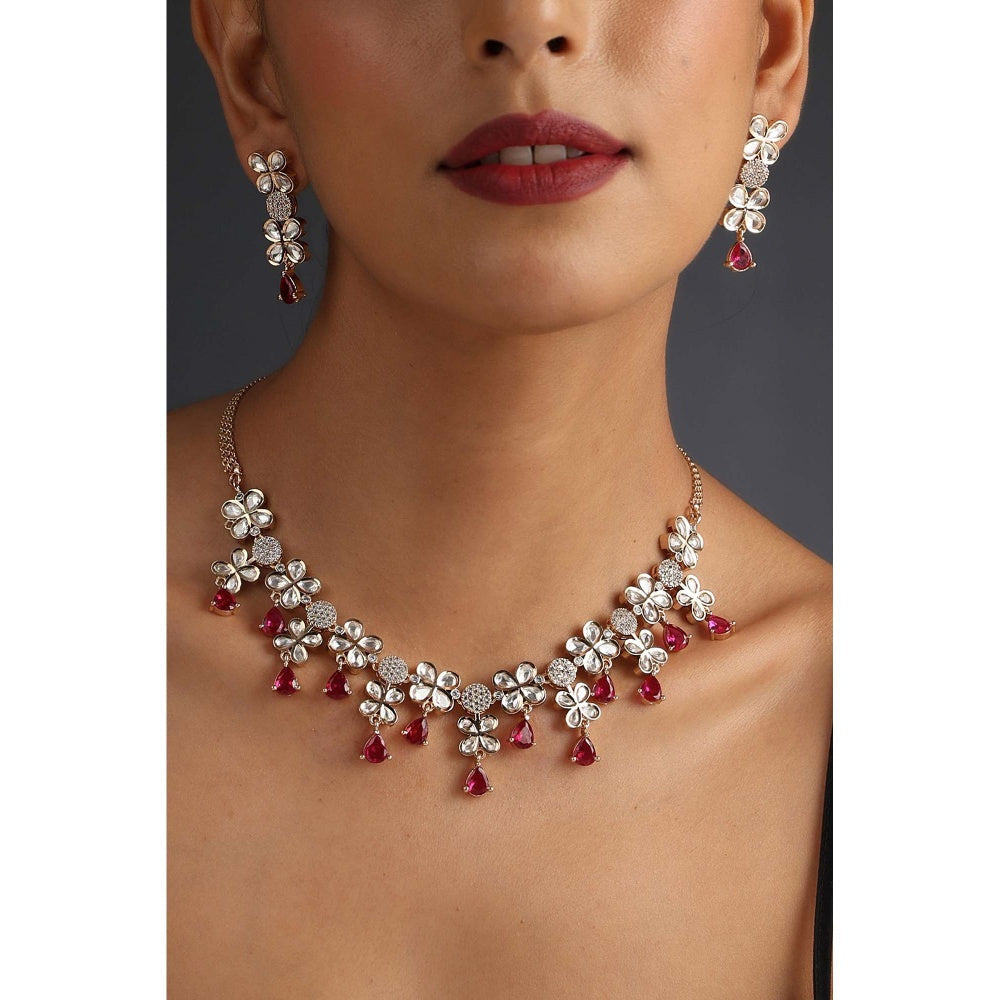 SWABHIMANN Avery Red Polki Silver Necklace with Earrings Set