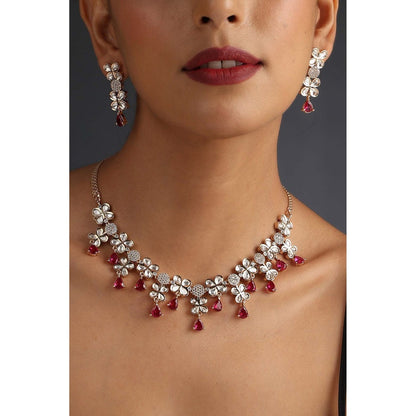 SWABHIMANN Avery Red Polki Silver Necklace with Earrings Set
