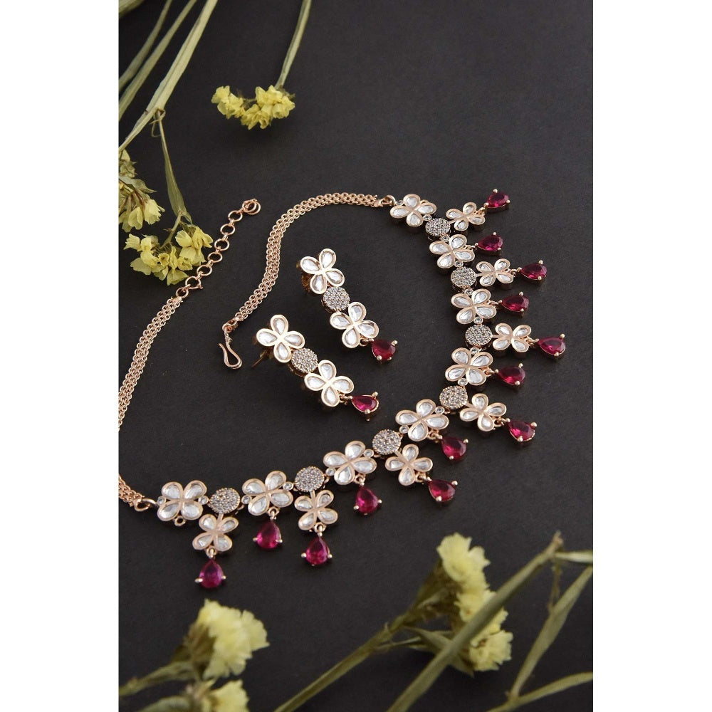 SWABHIMANN Avery Red Polki Silver Necklace with Earrings Set