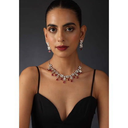 SWABHIMANN Avery Red Polki Silver Necklace with Earrings Set