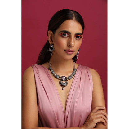 SWABHIMANN Lavanya Purple Oxidised Necklace with Earrings Set