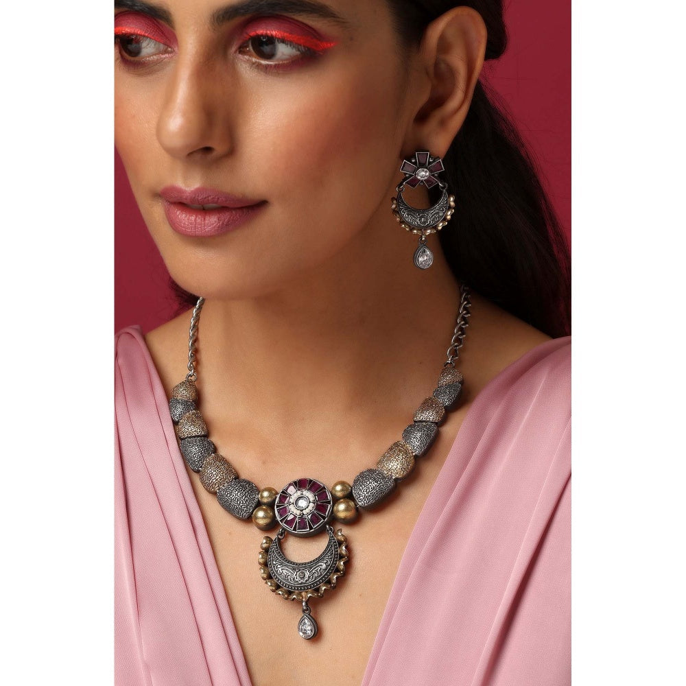 SWABHIMANN Lavanya Purple Oxidised Necklace with Earrings Set