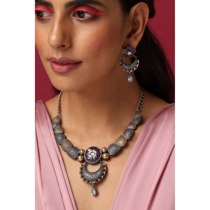 SWABHIMANN Lavanya Purple Oxidised Necklace with Earrings Set