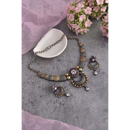 SWABHIMANN Lavanya Purple Oxidised Necklace with Earrings Set