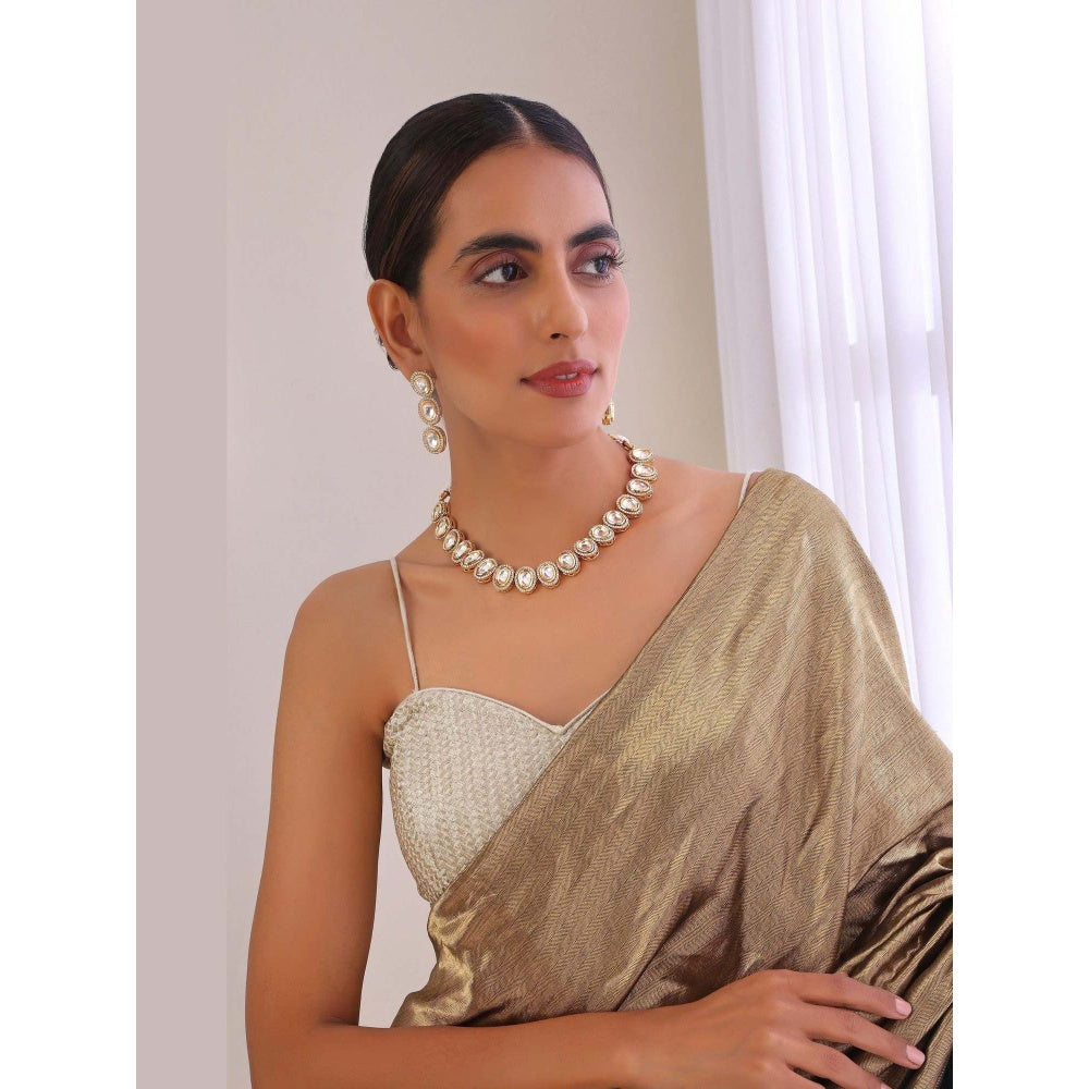 SWABHIMANN Ehshna Gold Kundan Single Line Necklace with Earrings Set