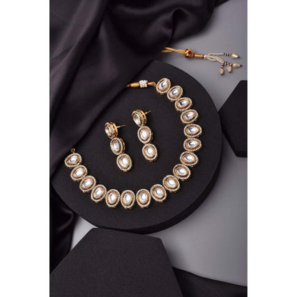 SWABHIMANN Ehshna Gold Kundan Single Line Necklace with Earrings Set