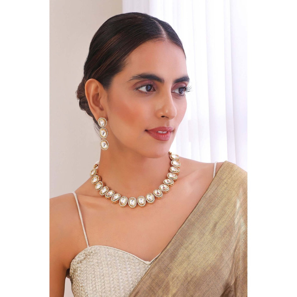 SWABHIMANN Ehshna Gold Kundan Single Line Necklace with Earrings Set