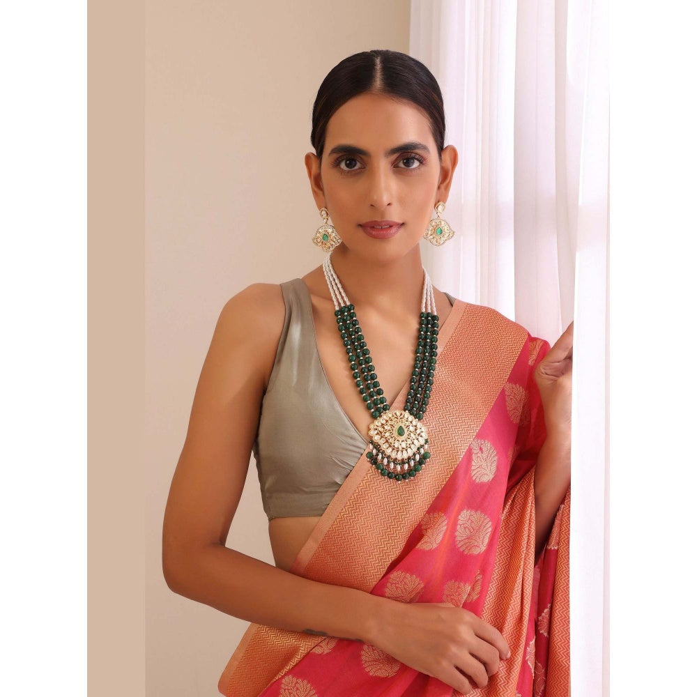 SWABHIMANN Narya Green and Gold Long Polki Necklace with Earrings Set