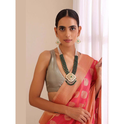 SWABHIMANN Narya Green and Gold Long Polki Necklace with Earrings Set