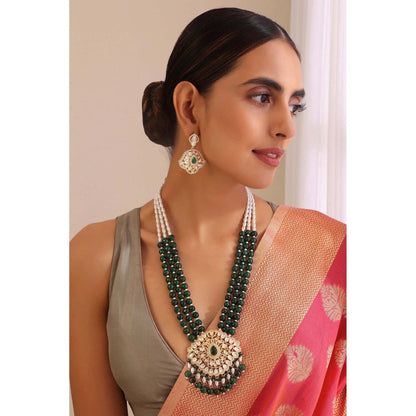 SWABHIMANN Narya Green and Gold Long Polki Necklace with Earrings Set