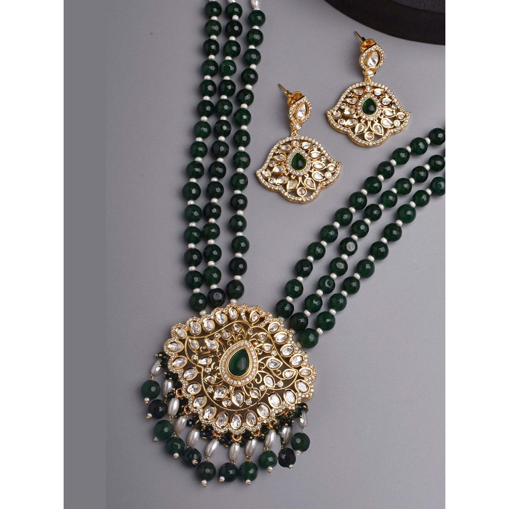 SWABHIMANN Narya Green and Gold Long Polki Necklace with Earrings Set