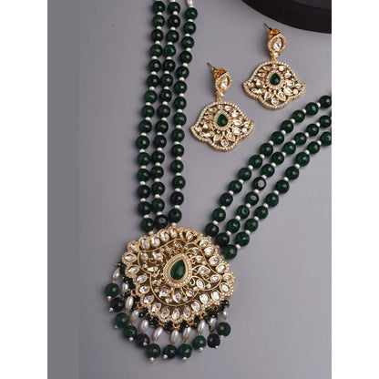 SWABHIMANN Narya Green and Gold Long Polki Necklace with Earrings Set