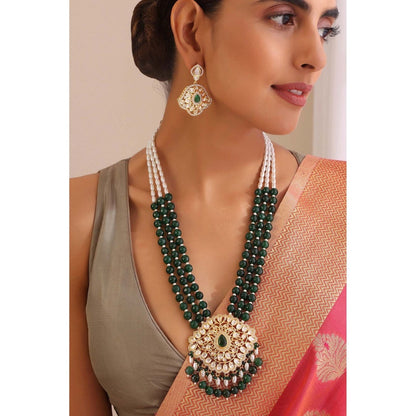 SWABHIMANN Narya Green and Gold Long Polki Necklace with Earrings Set