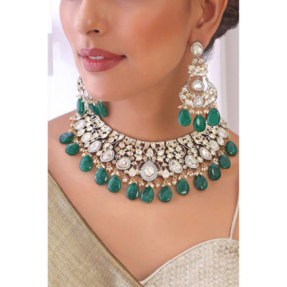 SWABHIMANN Amyutha Green Silver Polki Necklace with Earrings Set