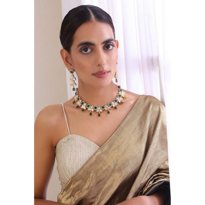 SWABHIMANN Aahana Emerald Polki Necklace with Earrings Set