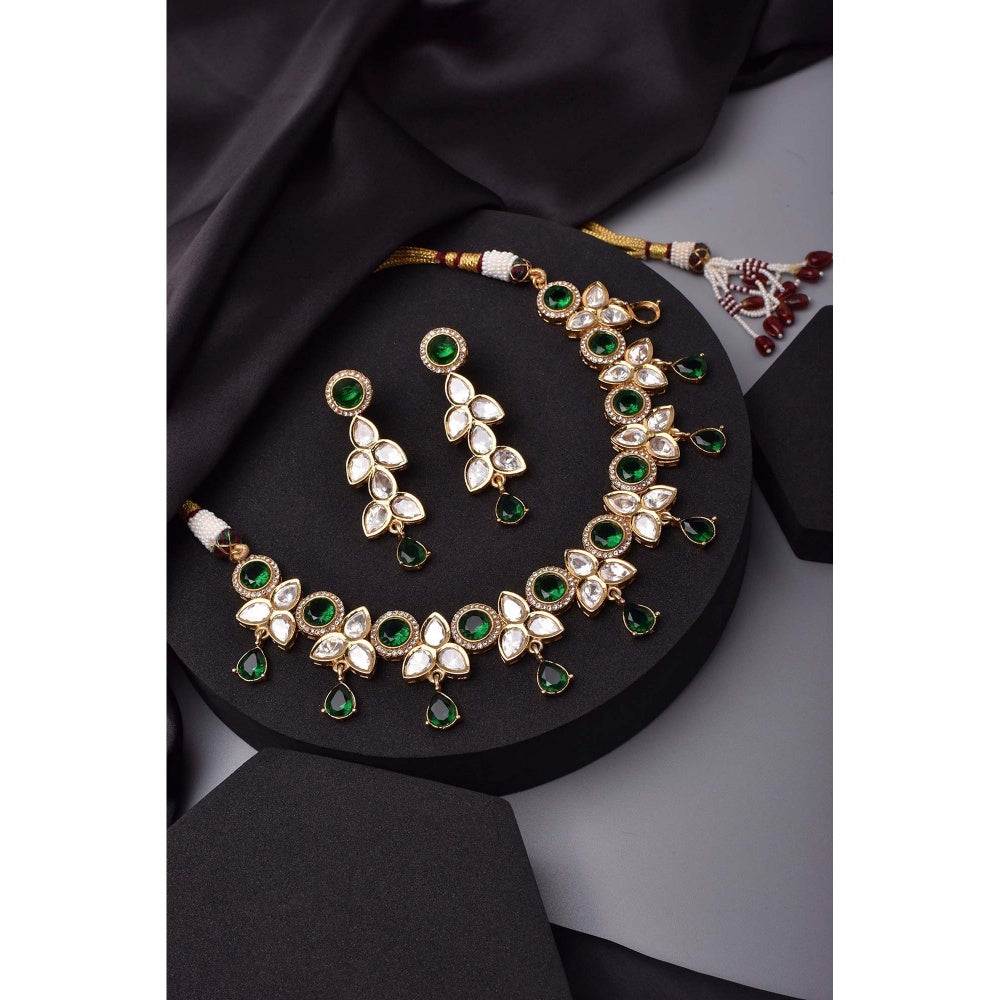 SWABHIMANN Aahana Emerald Polki Necklace with Earrings Set