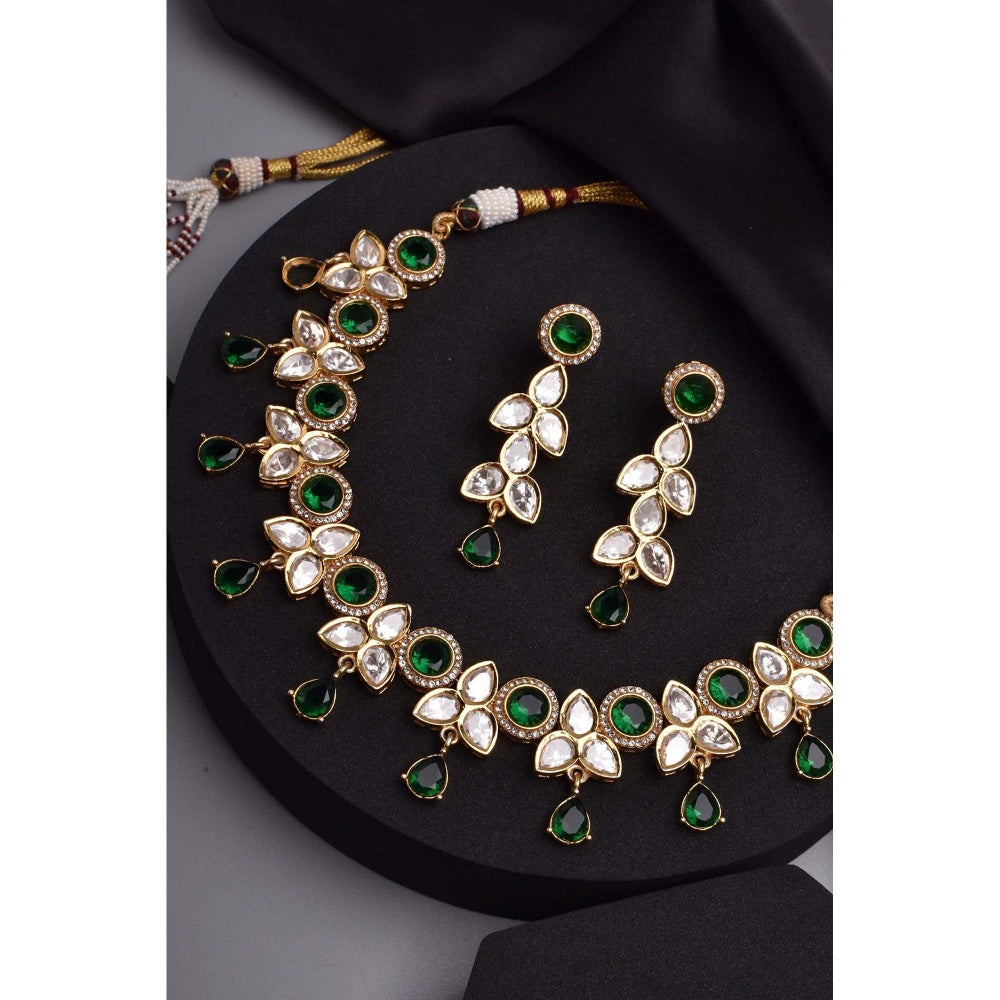 SWABHIMANN Aahana Emerald Polki Necklace with Earrings Set