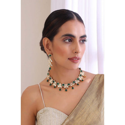 SWABHIMANN Aahana Emerald Polki Necklace with Earrings Set