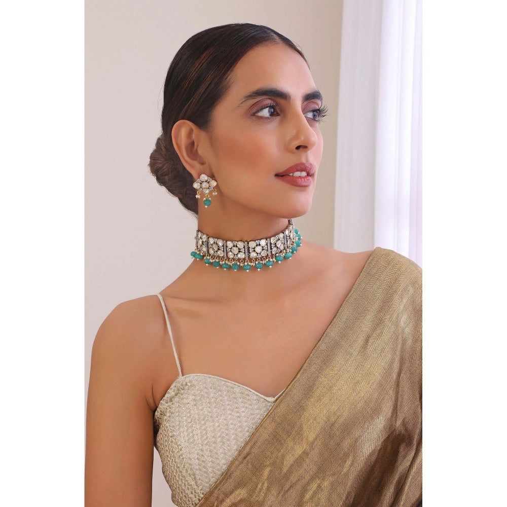 SWABHIMANN Radha Silver Choker Necklace with Earrings Set