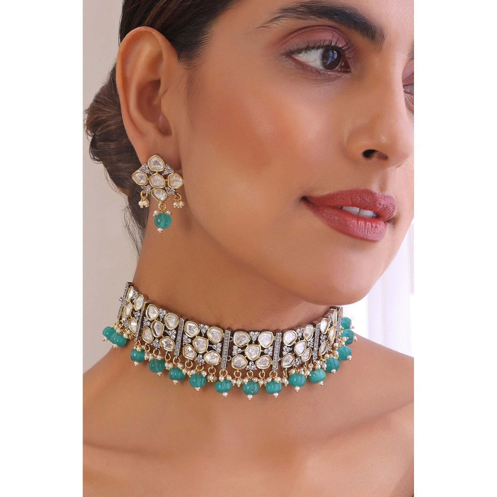 SWABHIMANN Radha Silver Choker Necklace with Earrings Set