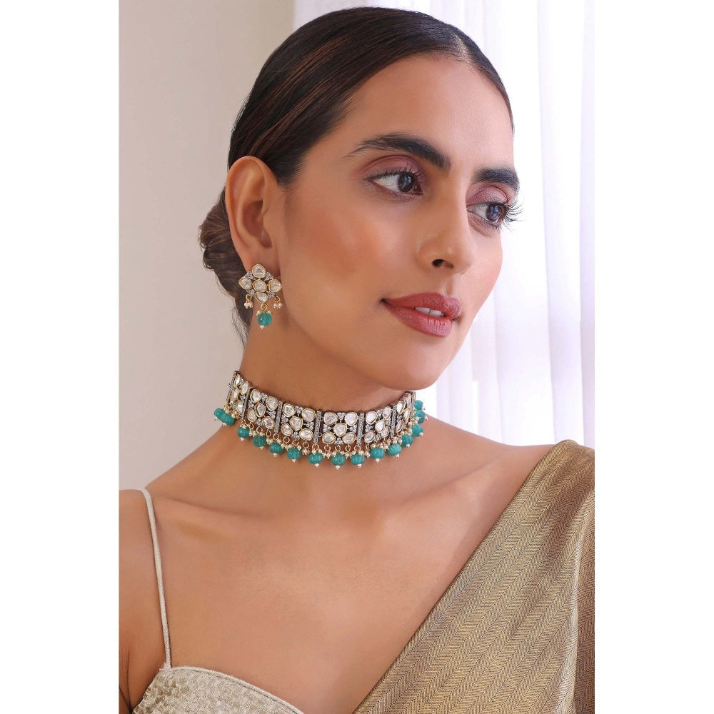 SWABHIMANN Radha Silver Choker Necklace with Earrings Set