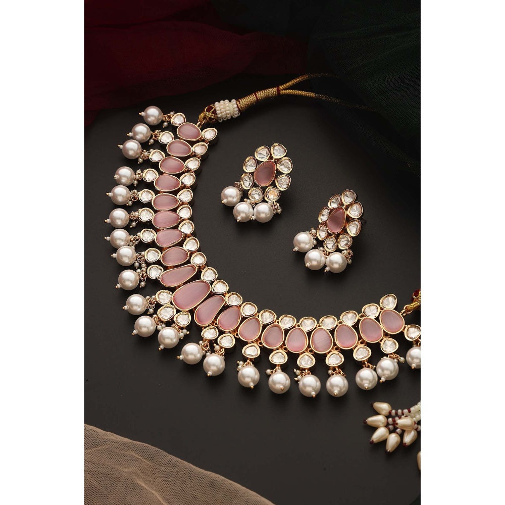 SWABHIMANN Amreen Pink Polki and Pearl Necklace Set