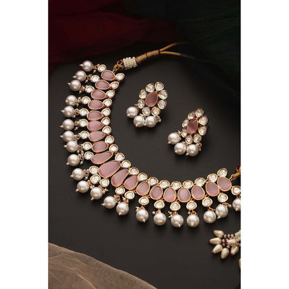SWABHIMANN Amreen Pink Polki and Pearl Necklace Set