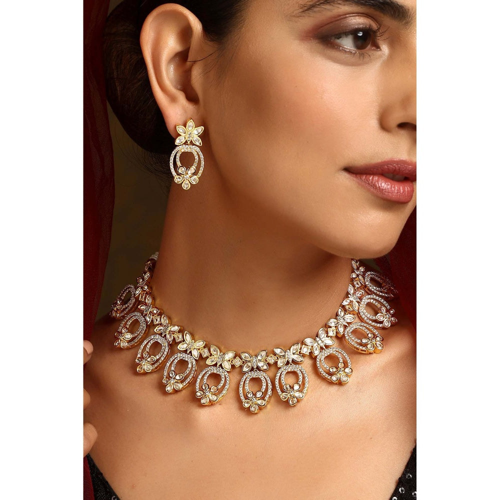 SWABHIMANN Naziha Gold Polki Necklace with Earrings Set
