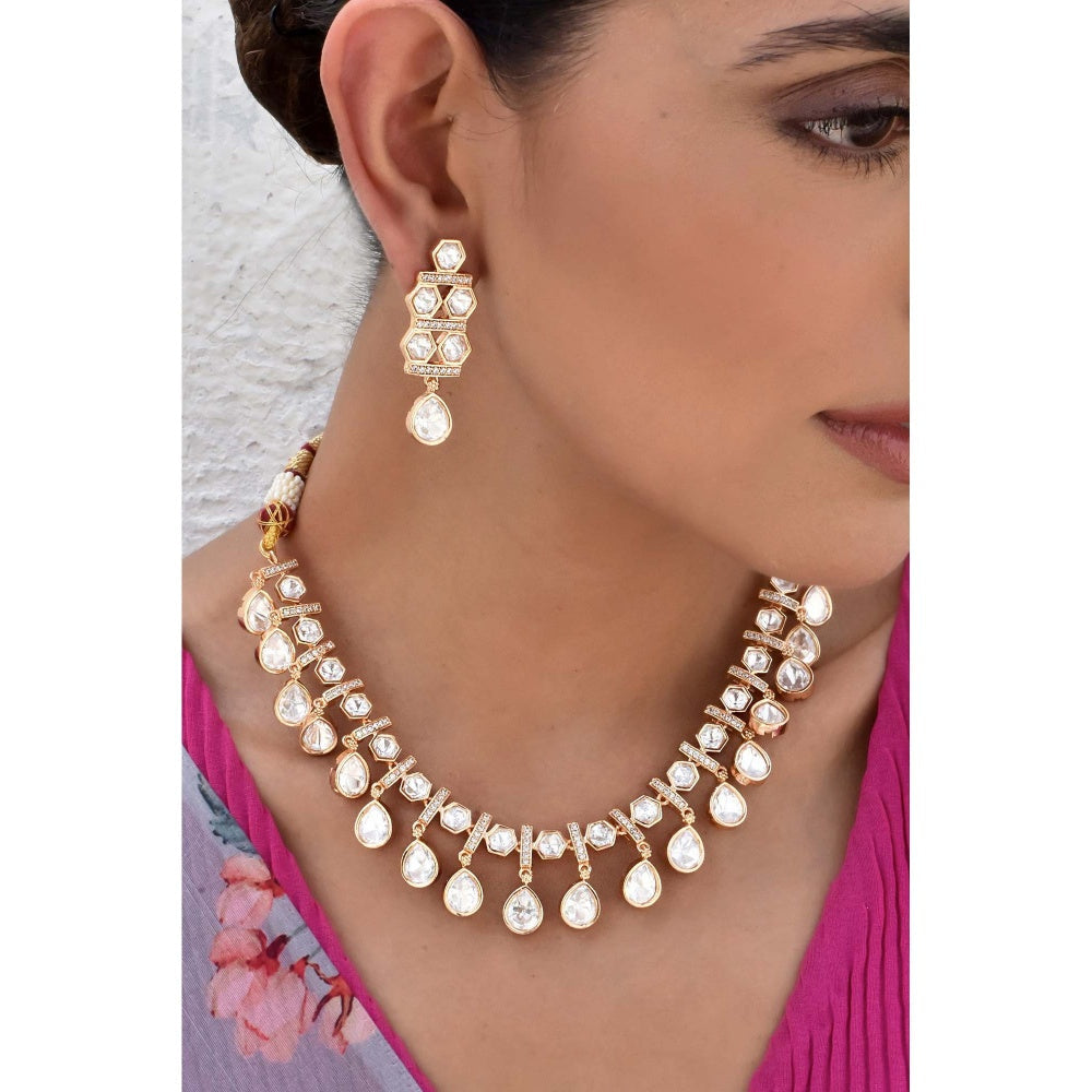 SWABHIMANN Rebel Kid in Ikaya Rose Gold Polki Necklace with Earrings Set