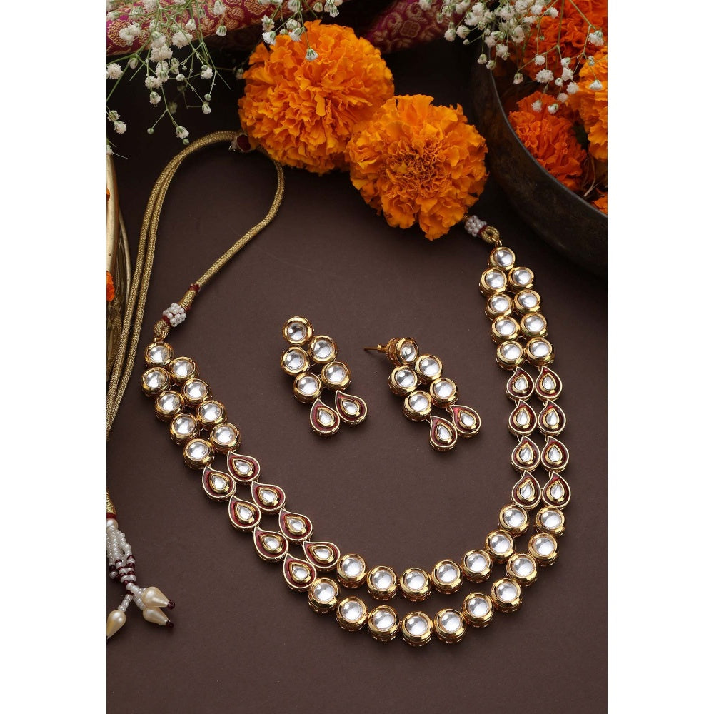 SWABHIMANN Riya Red Layered Kundan Necklace Set