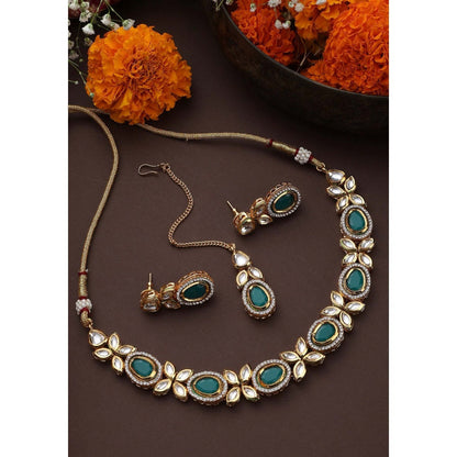SWABHIMANN Sakshi Green Kundan Necklace Set with Maang Tikka