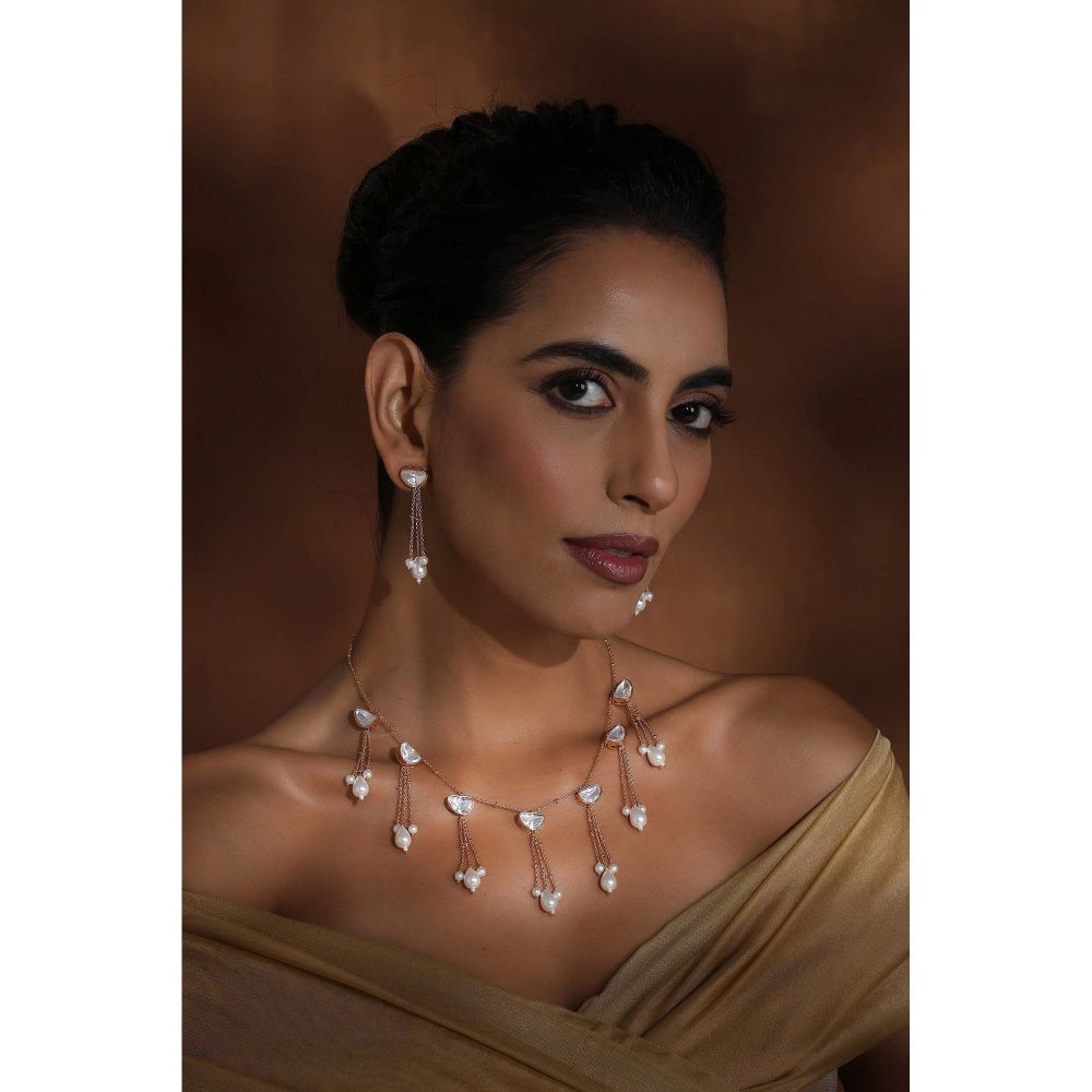 SWABHIMANN Kavini Polki and Pearl Necklace with Earrings Set