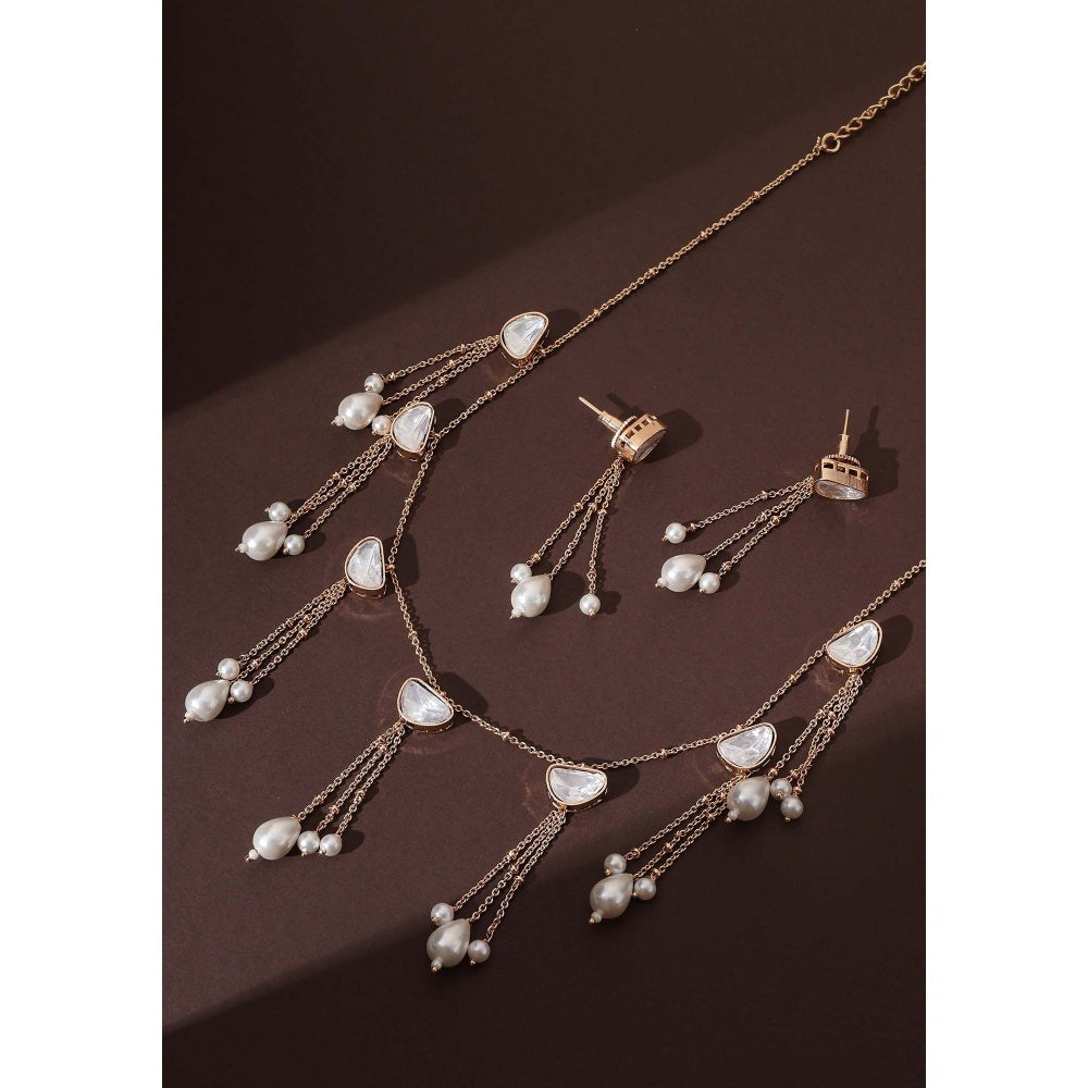 SWABHIMANN Kavini Polki and Pearl Necklace with Earrings Set