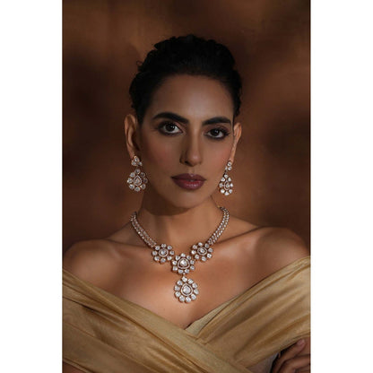 SWABHIMANN Adweta Rose Gold Polki Pendant Necklace with Earrings Set