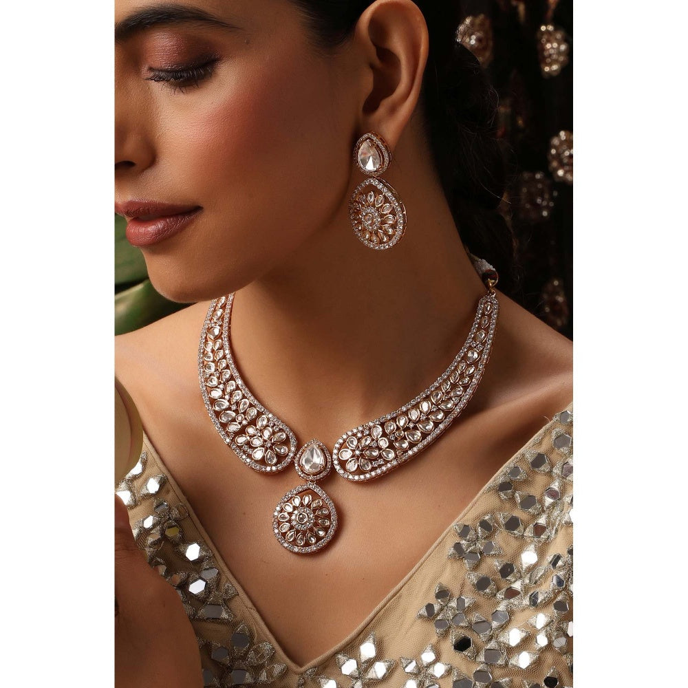 SWABHIMANN Aashvi Rose Gold Polki Necklace with Earrings