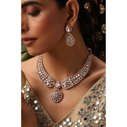 SWABHIMANN Aashvi Rose Gold Polki Necklace with Earrings