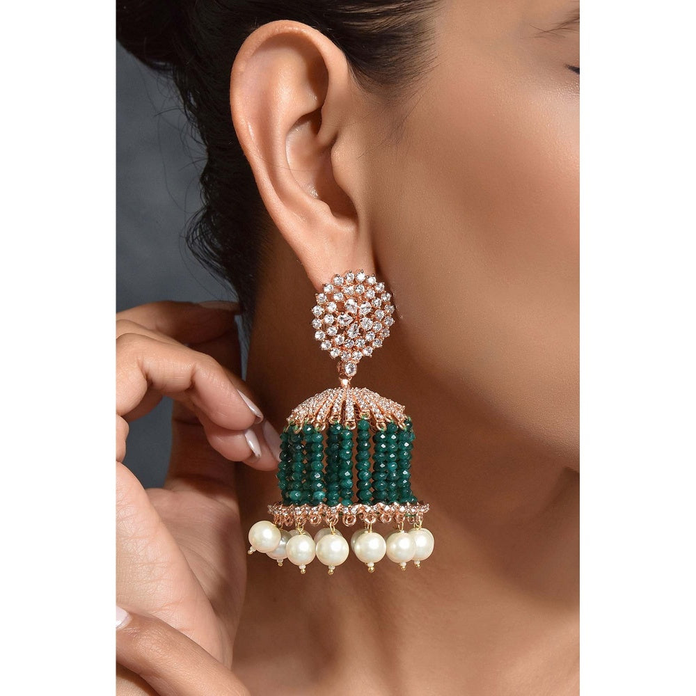 SWABHIMANN Emerald Chandelier Rose Gold Plated Zirconia Jhumka Earrings