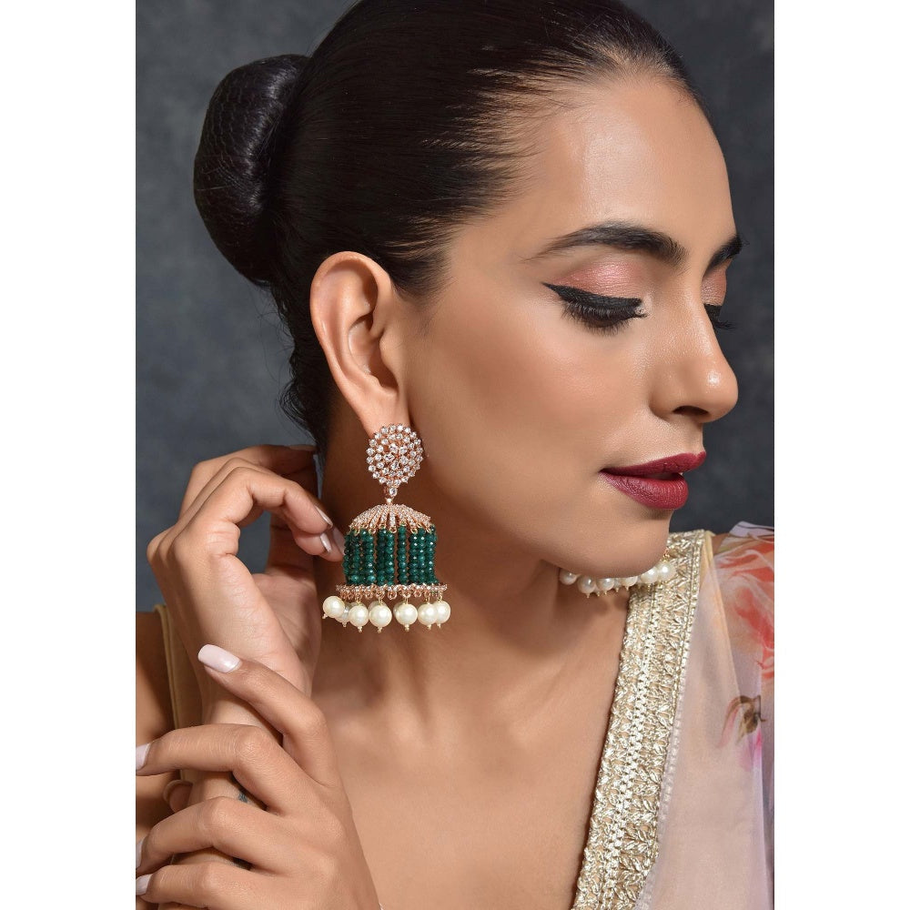 SWABHIMANN Emerald Chandelier Rose Gold Plated Zirconia Jhumka Earrings