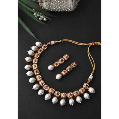 SWABHIMANN Shifira White Gold Plated Pearl Short Necklace Set
